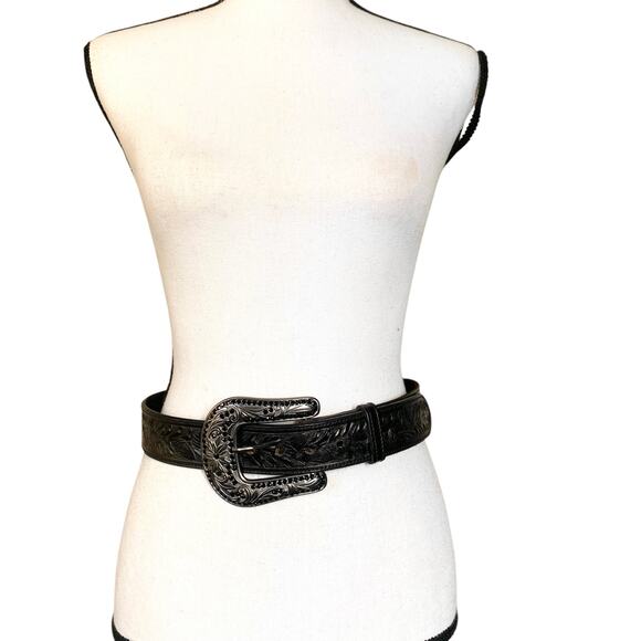 VTG Western Acorn Tooled Sz 32” Dark Brown Gun Metal Buckle Rhinestone Bling - Picture 5 of 12